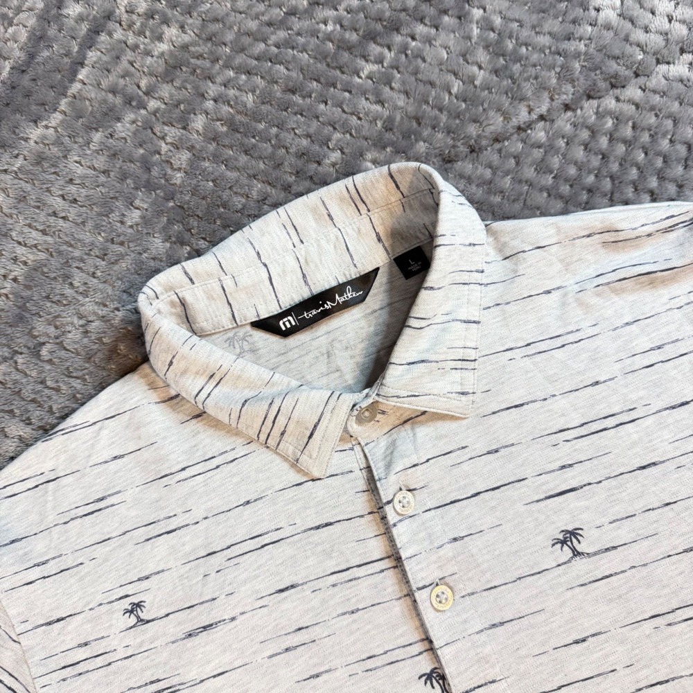 TravisMathew Mens Polo Shirt Large Gray Striped Palm Tree West Shore Golf Top
